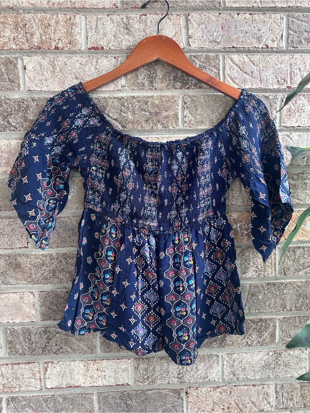Boho Hollister Navy Off-Shoulder Smocked Peasant Top Med